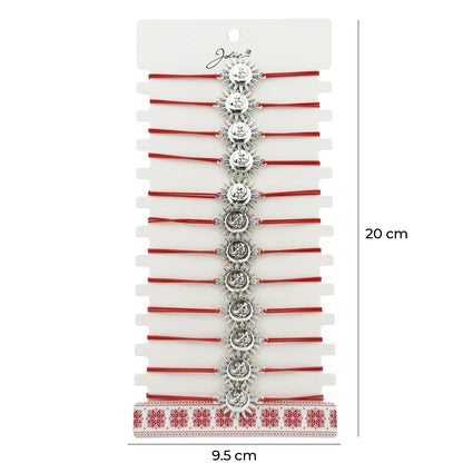 Bratara Martisor pentru Dama, Jolie, Model Soare, Set 12 bucati, Pandativ Argintiu din Inox cu Snur Rosu Ajustabil
