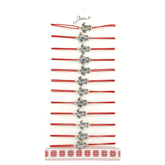 Bratara Martisor pentru Dama, Jolie, Model Broasca Testoasa, Set 12 bucati, Pandativ Argintiu din Inox cu Snur Rosu Ajustabil