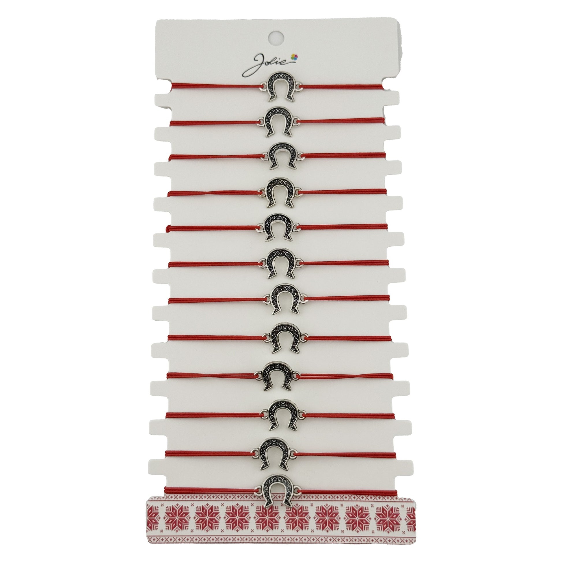 Bratara Martisor pentru Dama, Jolie, Model Potcoava, Set 12 bucati, Pandativ Argintiu din Inox cu Snur Rosu Ajustabil