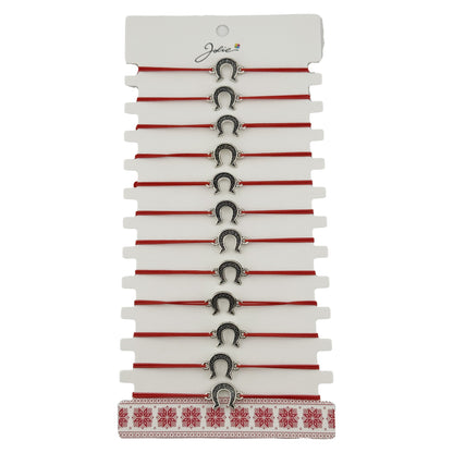 Bratara Martisor pentru Dama, Jolie, Model Potcoava, Set 12 bucati, Pandativ Argintiu din Inox cu Snur Rosu Ajustabil