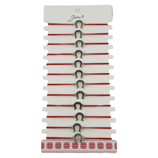 Bratara Martisor pentru Dama, Jolie, Model Potcoava, Set 12 bucati, Pandativ Argintiu din Inox cu Snur Rosu Ajustabil