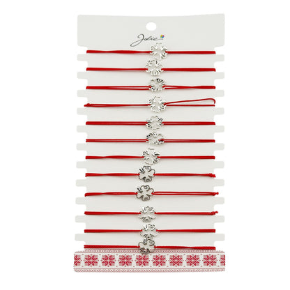Martisor Bratara Elastica cu Pandantiv din Inox, Jolie, pentru Dama, Set 12 bucati, Snur Rosu Textil, Model Trifoi cu Patru Foi