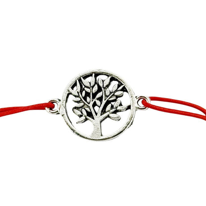 Martisor Bratara Elastica cu Pandantiv din Inox, Jolie, pentru Dama, Set 12 bucati, Snur Rosu Textil, Model Pomul Vietii