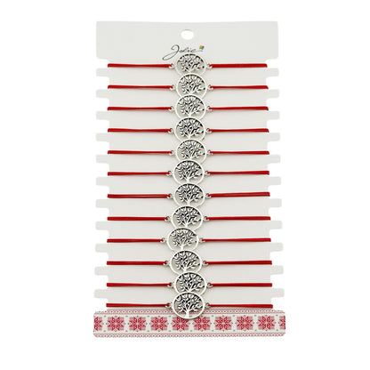 Martisor Bratara Elastica cu Pandantiv din Inox, Jolie, pentru Dama, Set 12 bucati, Snur Rosu Textil, Model Pomul Vietii