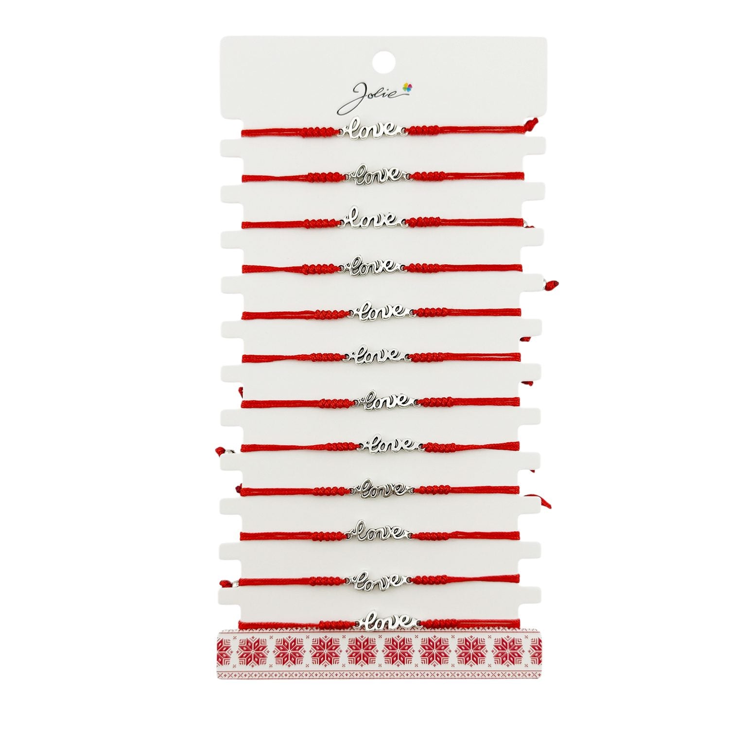 Martisor Bratara Impletita cu Pandantiv din Inox, Jolie, pentru Dama, Set 12 bucati, Snur Rosu Textil, Dimensiune Reglabila, Model Love