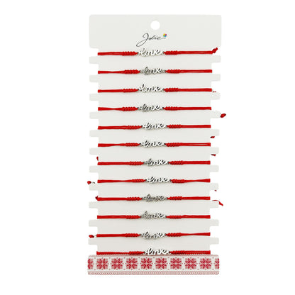 Martisor Bratara Impletita cu Pandantiv din Inox, Jolie, pentru Dama, Set 12 bucati, Snur Rosu Textil, Dimensiune Reglabila, Model Love