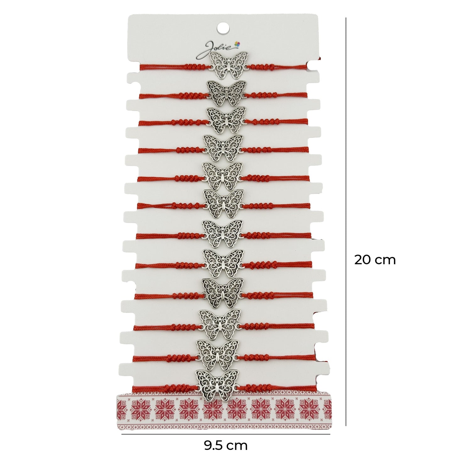 Bratara Martisor pentru Dama, Jolie, Model Fluture, Set 12 bucati, Pandativ Argintiu din Inox cu Snur Rosu Ajustabil