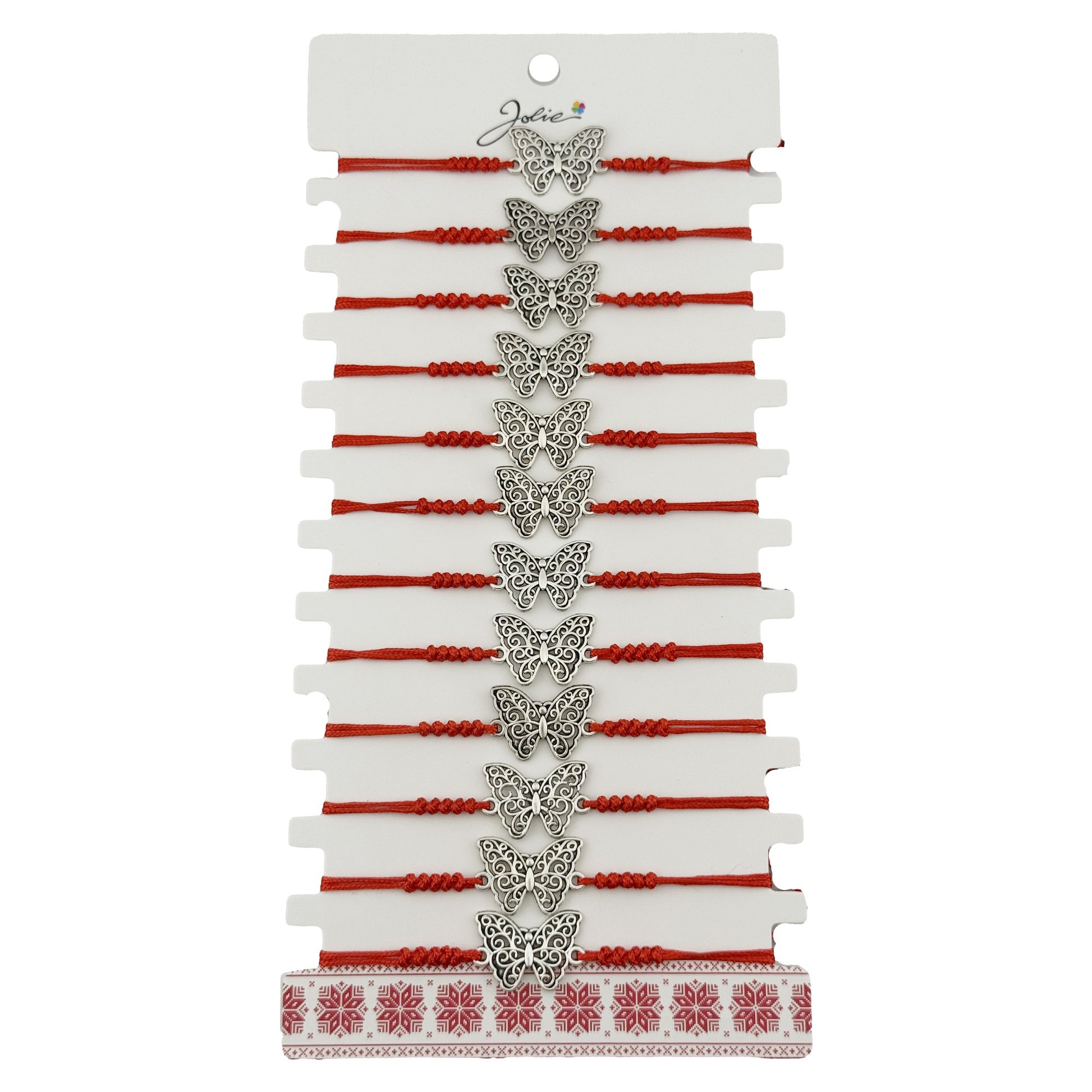 Bratara Martisor pentru Dama, Jolie, Model Fluture, Set 12 bucati, Pandativ Argintiu din Inox cu Snur Rosu Ajustabil