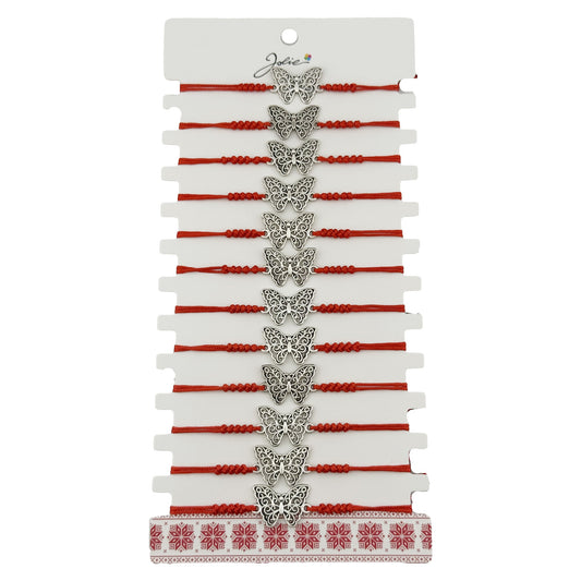Bratara Martisor pentru Dama, Jolie, Model Fluture, Set 12 bucati, Pandativ Argintiu din Inox cu Snur Rosu Ajustabil