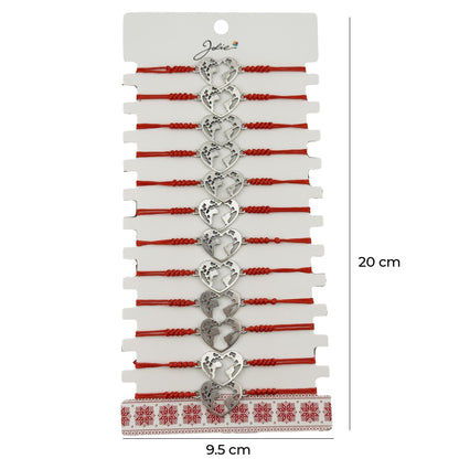 Bratara Martisor pentru Dama, Jolie, Model Inima Glob, Set 12 bucati, Pandativ Argintiu din Inox cu Snur Rosu Ajustabil