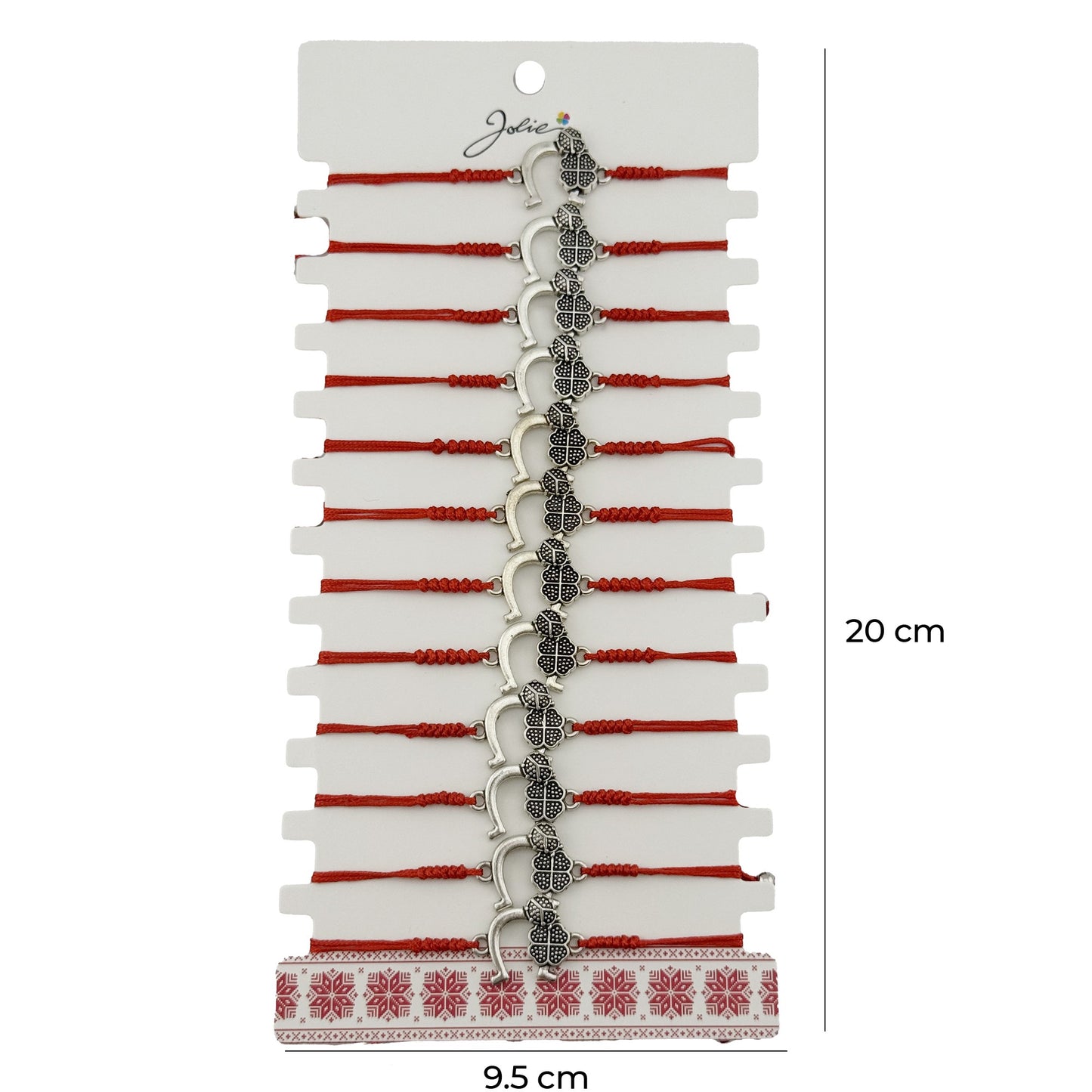 Bratara Martisor pentru Dama, Jolie, Model Potcoava cu Trifoi, Set 12 bucati, Pandativ Argintiu din Inox cu Snur Rosu Ajustabil
