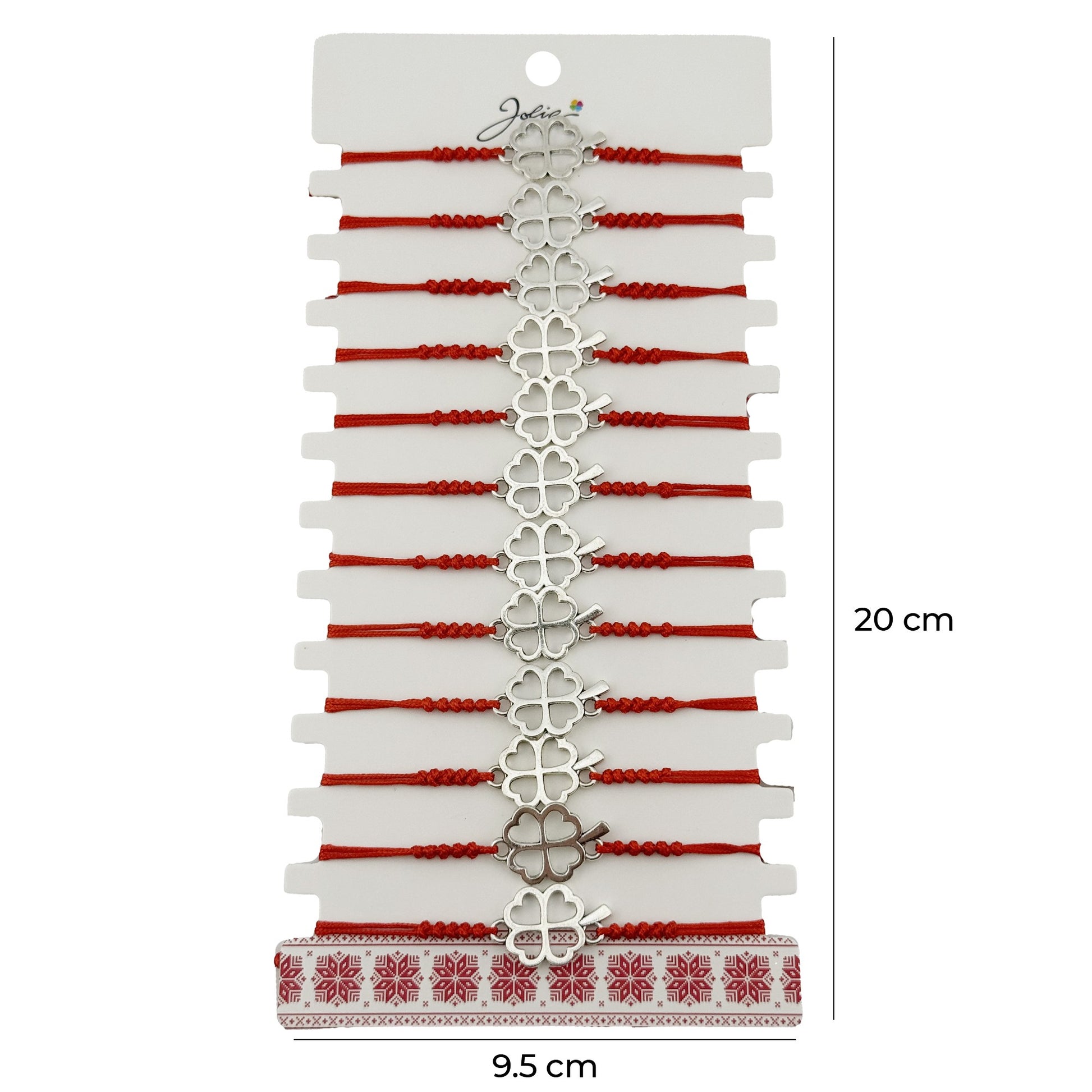 Bratara Martisor pentru Dama, Jolie, Model Trifoi in Contur, Set 12 bucati, Pandativ Argintiu din Inox cu Snur Rosu Ajustabil