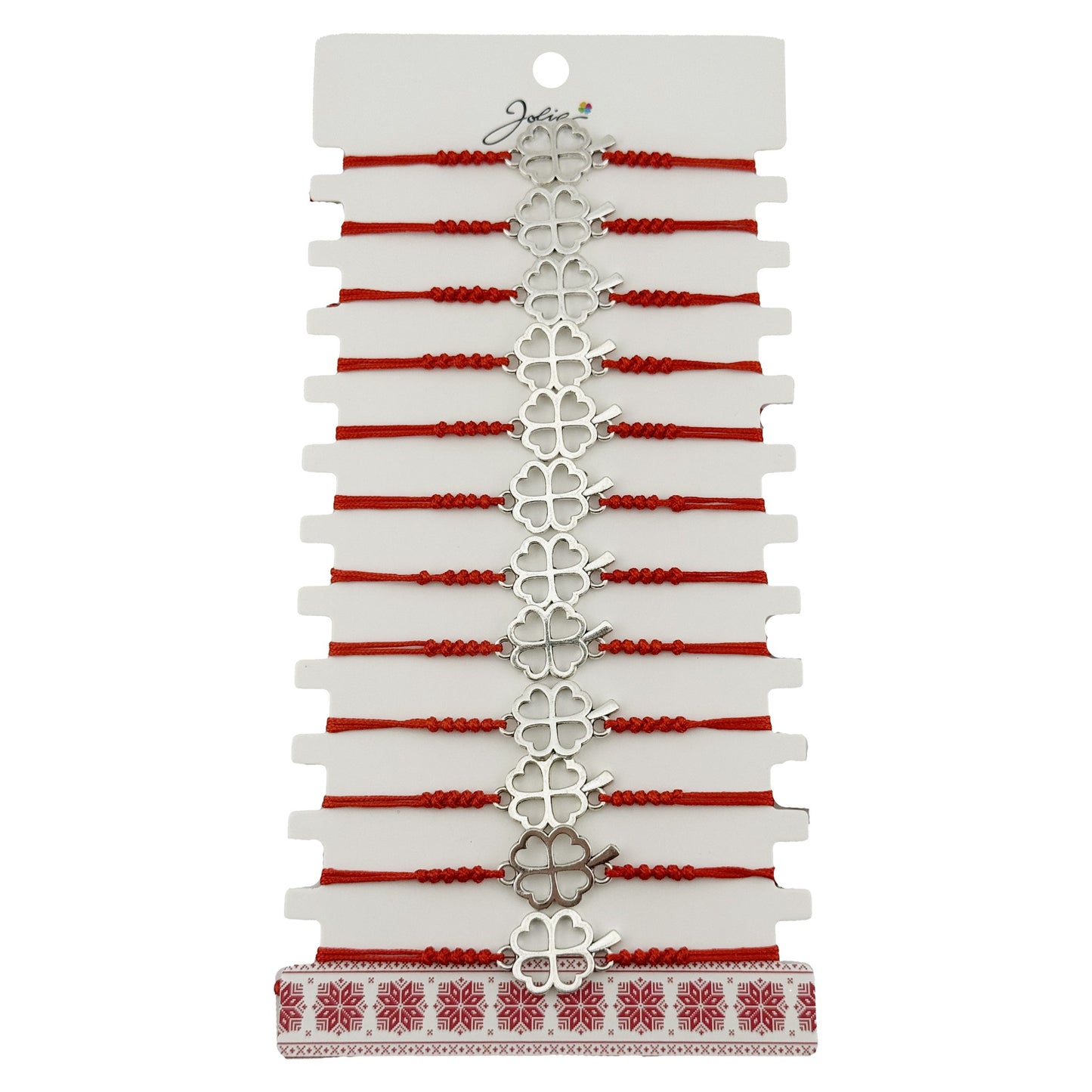 Bratara Martisor pentru Dama, Jolie, Model Trifoi in Contur, Set 12 bucati, Pandativ Argintiu din Inox cu Snur Rosu Ajustabil