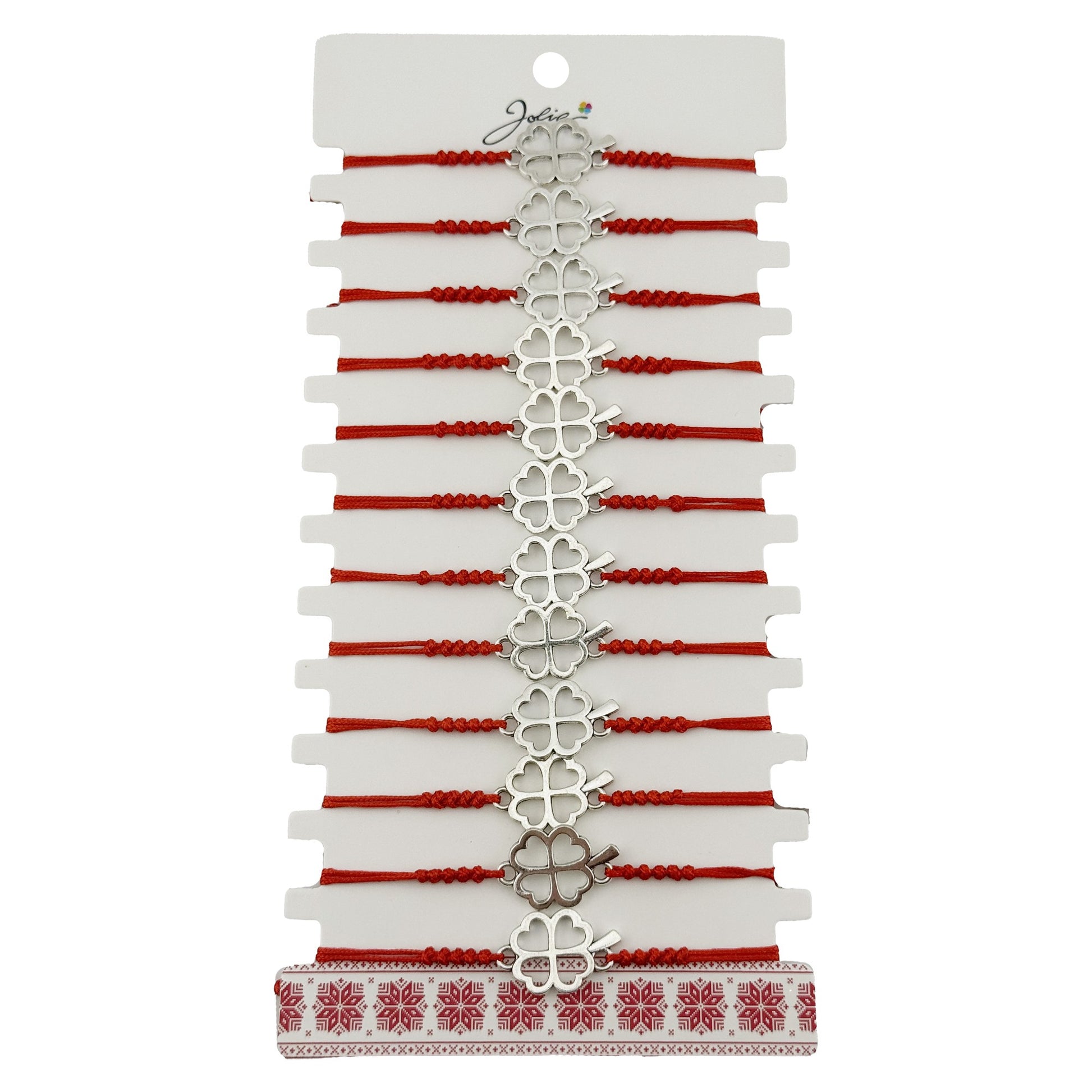 Bratara Martisor pentru Dama, Jolie, Model Trifoi in Contur, Set 12 bucati, Pandativ Argintiu din Inox cu Snur Rosu Ajustabil