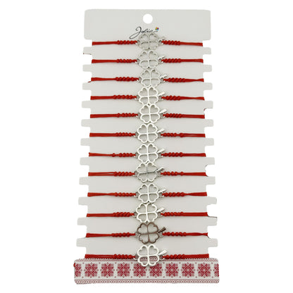 Bratara Martisor pentru Dama, Jolie, Model Trifoi in Contur, Set 12 bucati, Pandativ Argintiu din Inox cu Snur Rosu Ajustabil