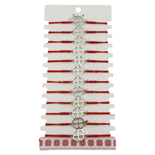 Bratara Martisor pentru Dama, Jolie, Model Trifoi in Contur, Set 12 bucati, Pandativ Argintiu din Inox cu Snur Rosu Ajustabil