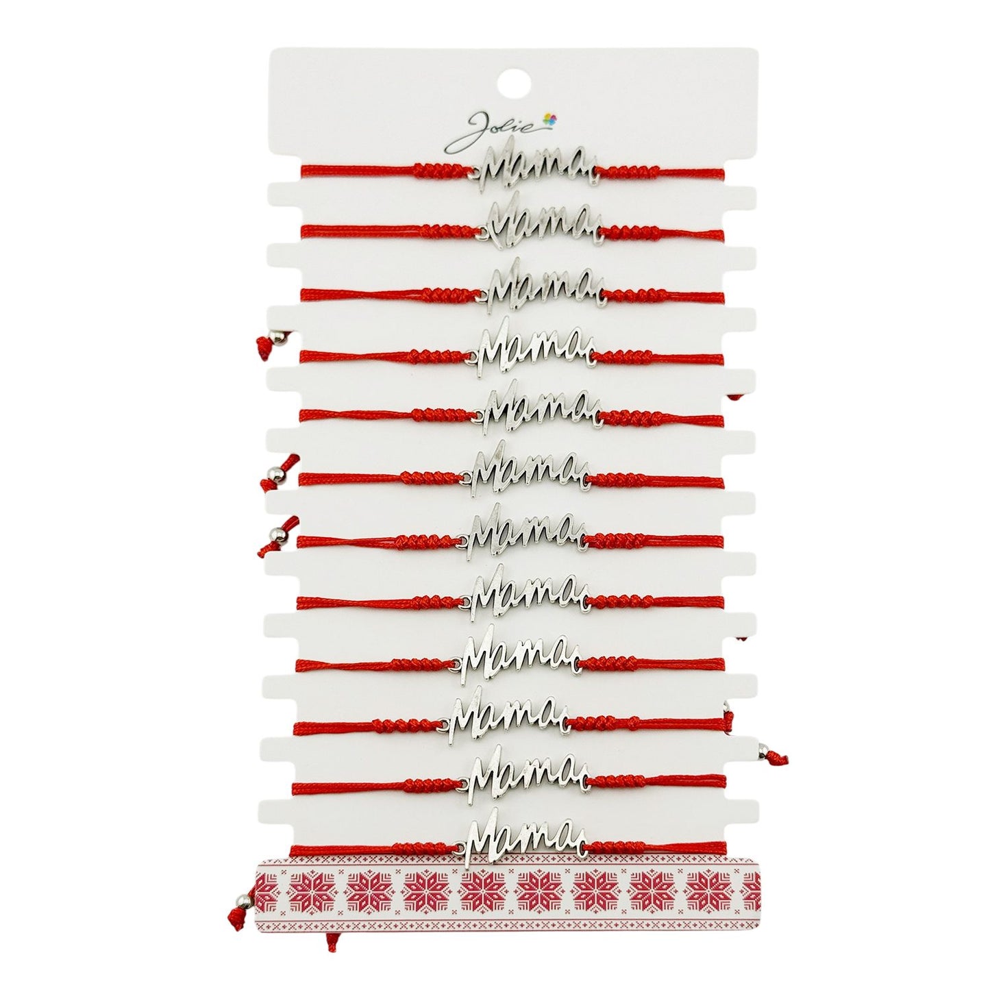 Martisor Bratara Impletita cu Pandantiv din Inox, Jolie, pentru Dama, Set 12 bucati, Snur Rosu Textil, Dimensiune Reglabila, Model Mama