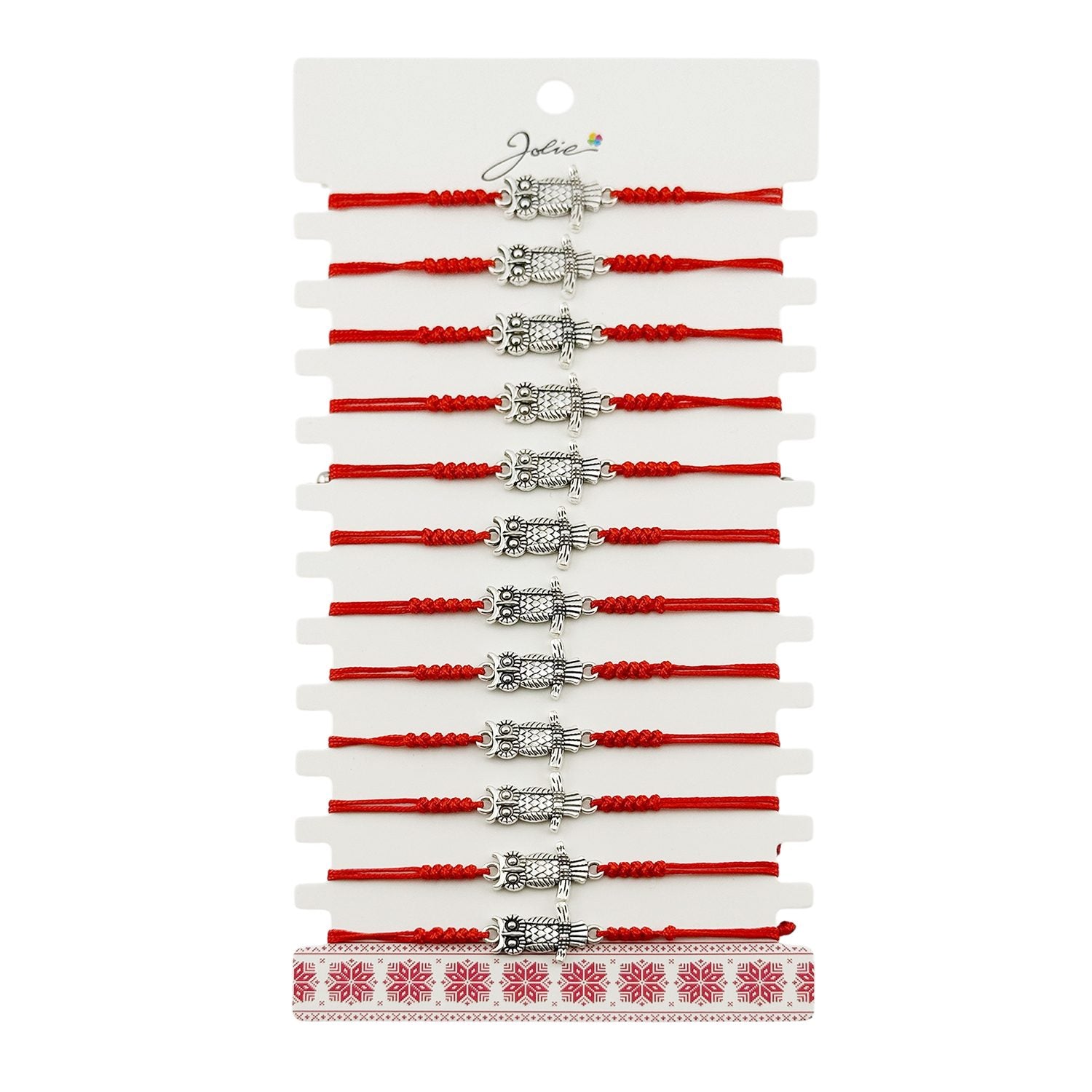 Martisor Bratara Impletita cu Pandantiv din Inox, Jolie, pentru Dama, Set 12 bucati, Snur Rosu Textil, Dimensiune Reglabila, Model Bufnita