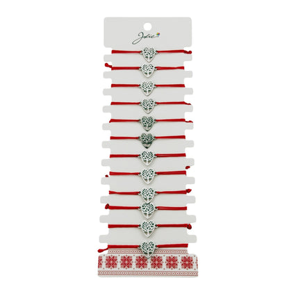 Bratara Martisor pentru Dama, Jolie, Model Copac in Inima, Set 12 bucati, Pandativ Argintiu din Inox cu Snur Rosu Ajustabil