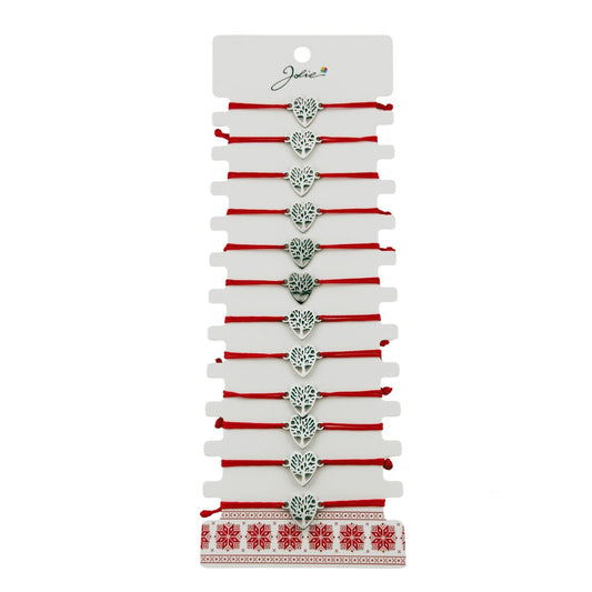 Bratara Martisor pentru Dama, Jolie, Model Copac in Inima, Set 12 bucati, Pandativ Argintiu din Inox cu Snur Rosu Ajustabil