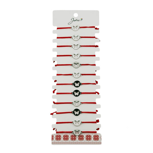 Bratara Martisor pentru Dama, Jolie, Model Fluture in Cerc, Set 12 bucati, Pandativ Argintiu din Inox cu Snur Rosu Ajustabil