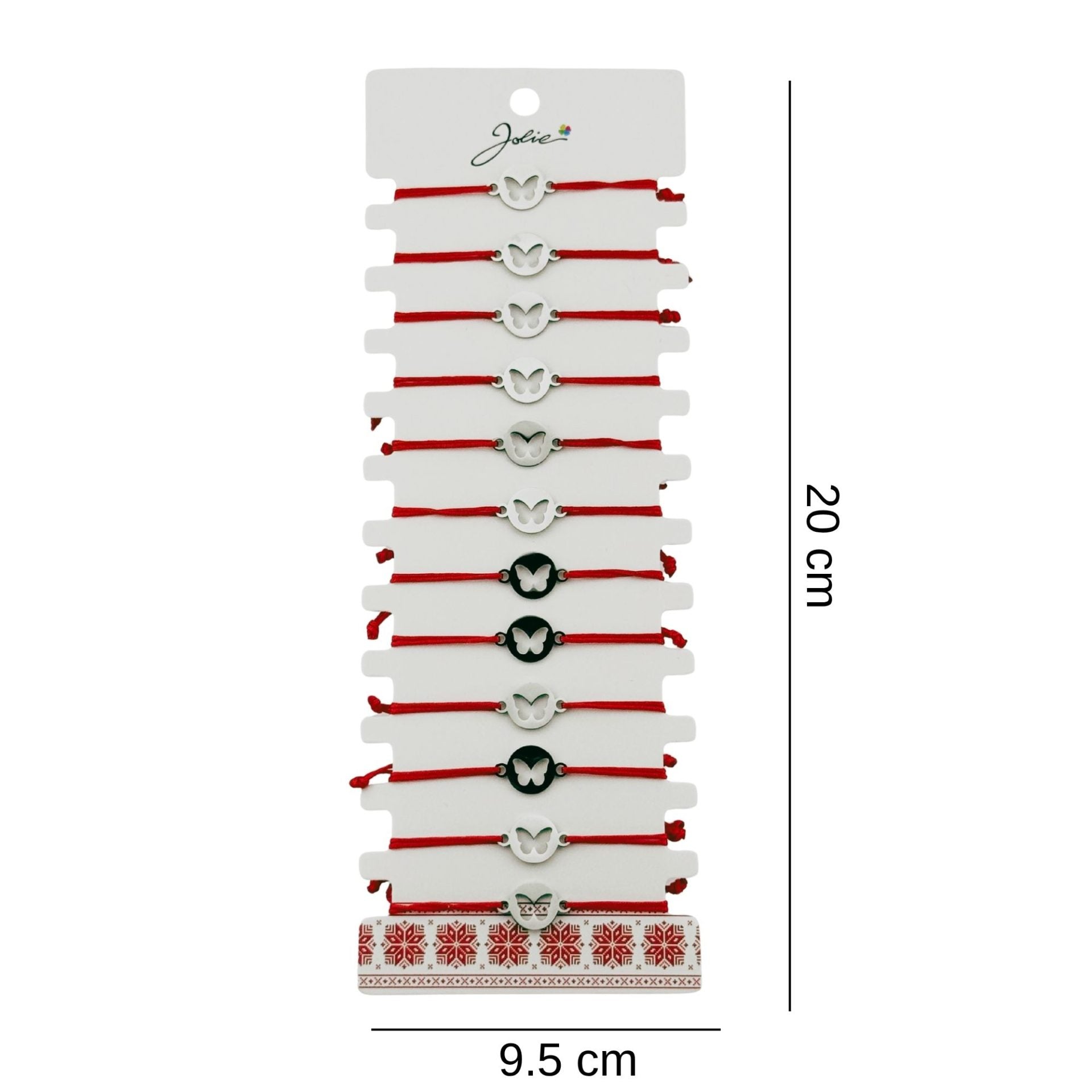 Bratara Martisor pentru Dama, Jolie, Model Fluture in Cerc, Set 12 bucati, Pandativ Argintiu din Inox cu Snur Rosu Ajustabil