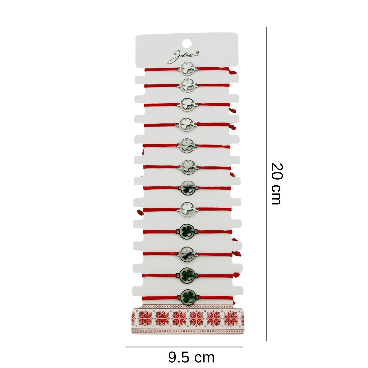 Bratara Martisor pentru Dama, Jolie, Model Trifoi cu Inima, Set 12 bucati, Pandativ Argintiu din Inox cu Snur Rosu Ajustabil