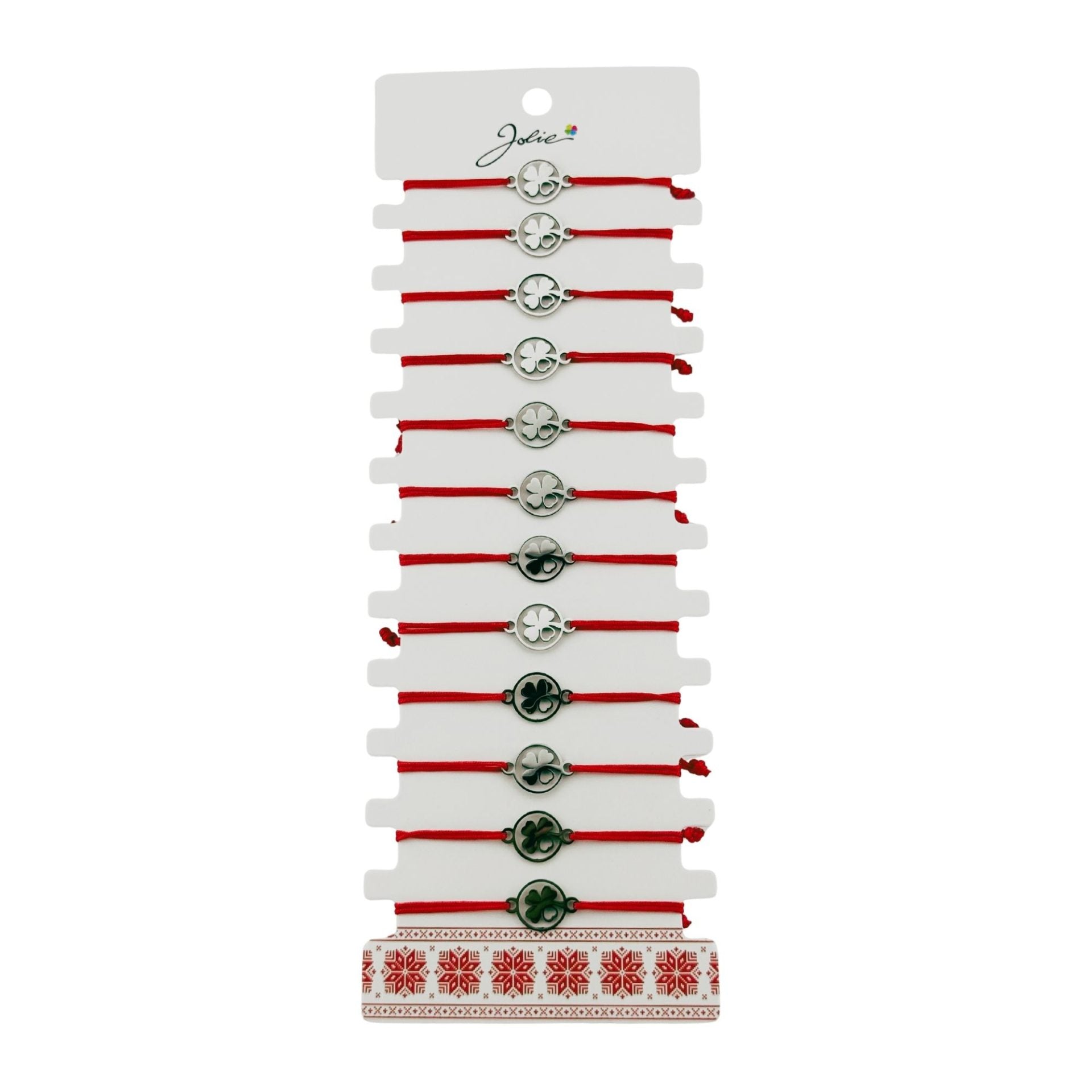 Bratara Martisor pentru Dama, Jolie, Model Trifoi cu Inima, Set 12 bucati, Pandativ Argintiu din Inox cu Snur Rosu Ajustabil