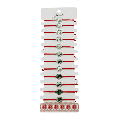 Bratara Martisor pentru Dama, Jolie, Model Trifoi cu Inima, Set 12 bucati, Pandativ Argintiu din Inox cu Snur Rosu Ajustabil