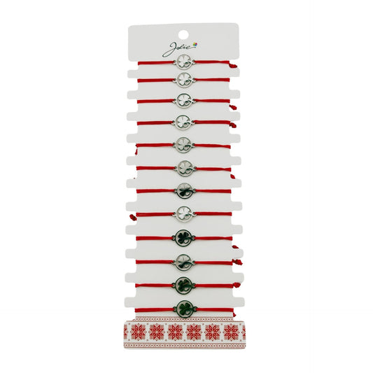 Bratara Martisor pentru Dama, Jolie, Model Trifoi cu Inima, Set 12 bucati, Pandativ Argintiu din Inox cu Snur Rosu Ajustabil
