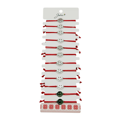 Bratara Martisor pentru Dama, Jolie, Model Smile, Set 12 bucati, Pandativ Argintiu din Inox cu Snur Rosu Ajustabil