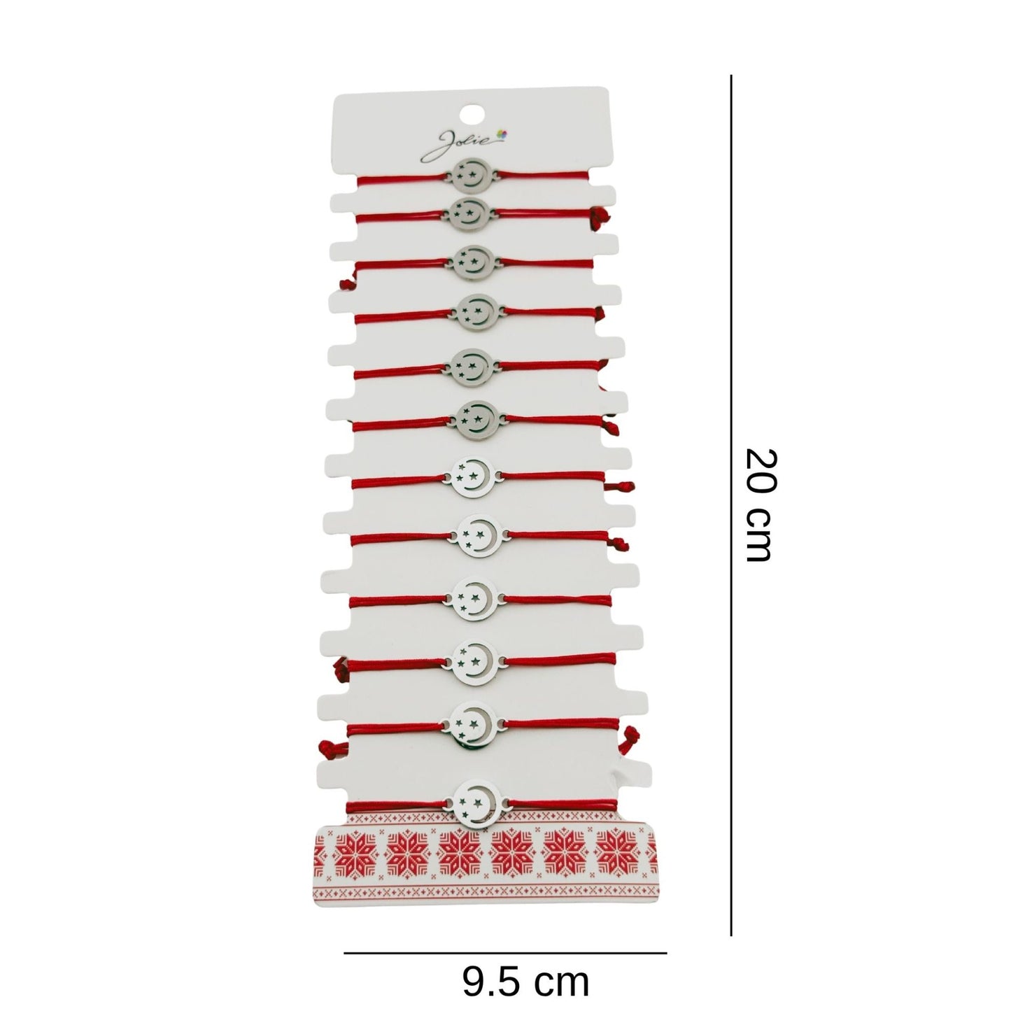 Bratara Martisor pentru Dama, Jolie, Model Luna in Cerc, Set 12 bucati, Pandativ Argintiu din Inox cu Snur Rosu Ajustabil