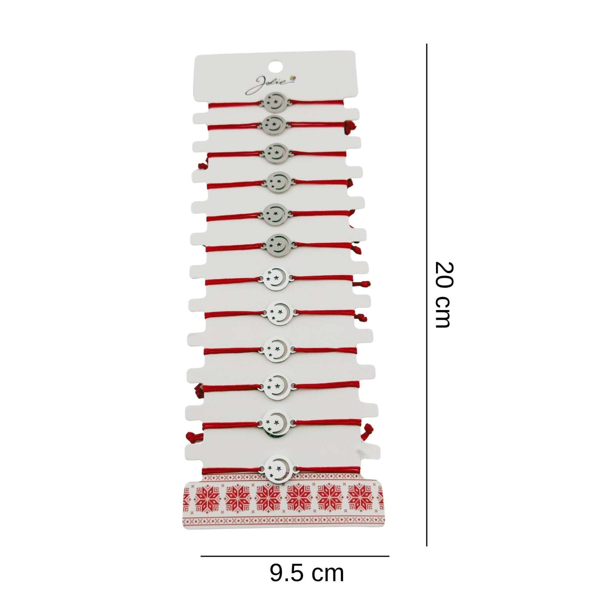 Bratara Martisor pentru Dama, Jolie, Model Luna in Cerc, Set 12 bucati, Pandativ Argintiu din Inox cu Snur Rosu Ajustabil