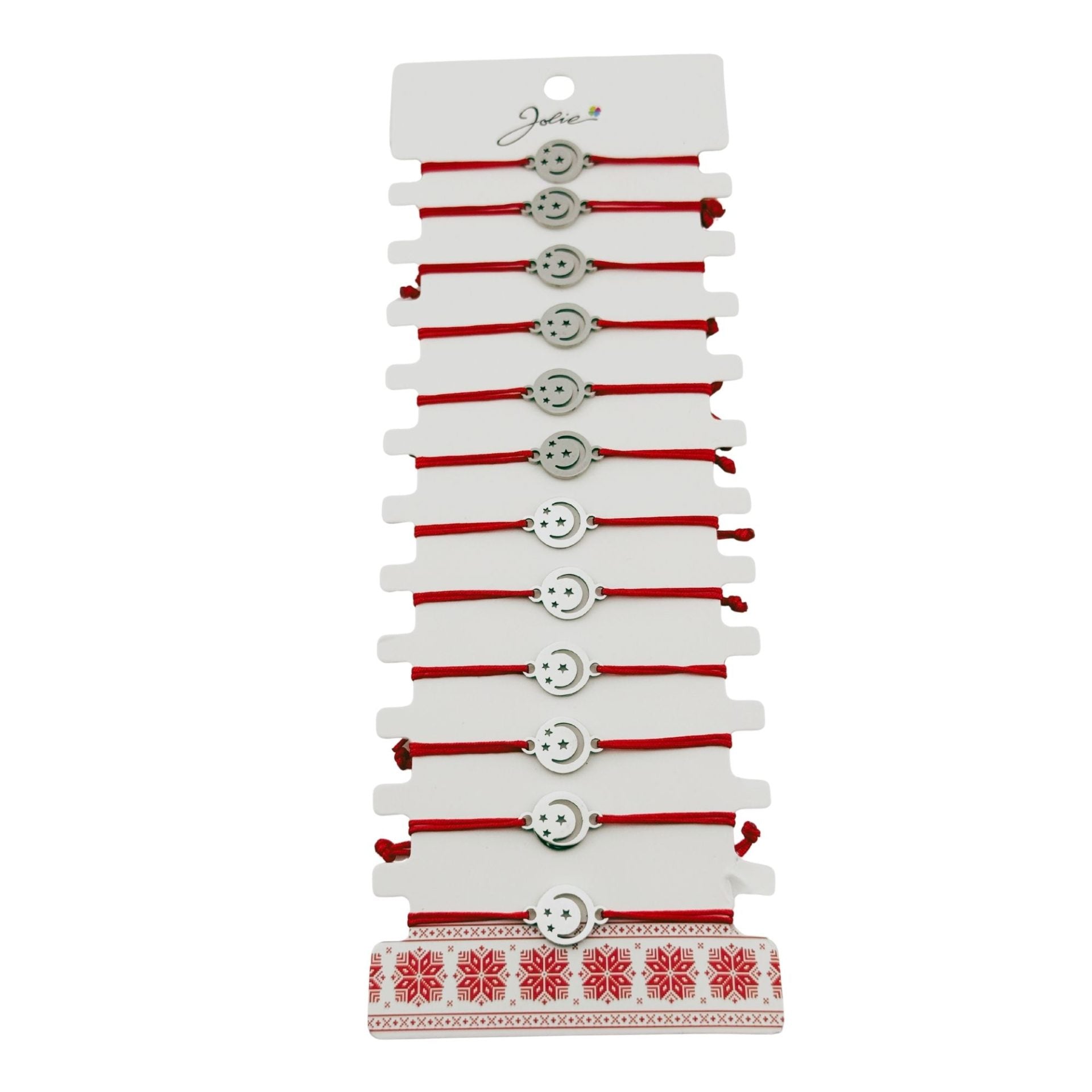 Bratara Martisor pentru Dama, Jolie, Model Luna in Cerc, Set 12 bucati, Pandativ Argintiu din Inox cu Snur Rosu Ajustabil