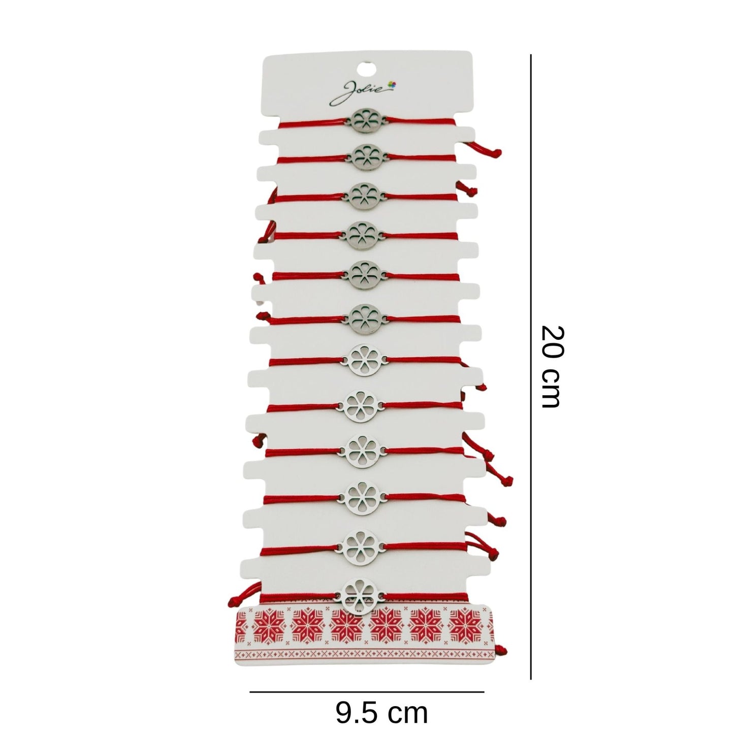 Bratara Martisor pentru Dama, Jolie, Model Floare in Cerc, Set 12 bucati, Pandativ Argintiu din Inox cu Snur Rosu Ajustabil
