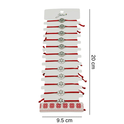 Bratara Martisor pentru Dama, Jolie, Model Floare in Cerc, Set 12 bucati, Pandativ Argintiu din Inox cu Snur Rosu Ajustabil