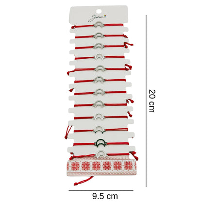 Bratara Martisor pentru Dama, Jolie, Model Semiluna, Set 12 bucati, Pandativ Argintiu din Inox cu Snur Rosu Ajustabil