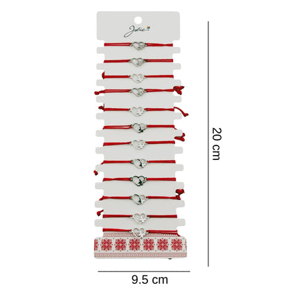 Bratara Martisor pentru Dama, Jolie, Model Inima cu Fluture, Set 12 bucati, Pandativ Argintiu din Inox cu Snur Rosu Ajustabil