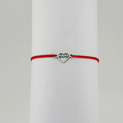 Bratara Martisor pentru Dama, Jolie, Model Inima cu Text Mama, Set 12 bucati, Pandativ Argintiu din Inox cu Snur Rosu Ajustabil