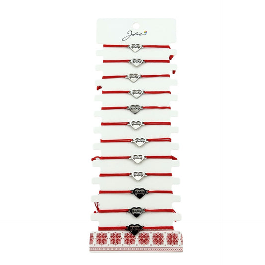 Bratara Martisor pentru Dama, Jolie, Model Inima cu Text Mama, Set 12 bucati, Pandativ Argintiu din Inox cu Snur Rosu Ajustabil