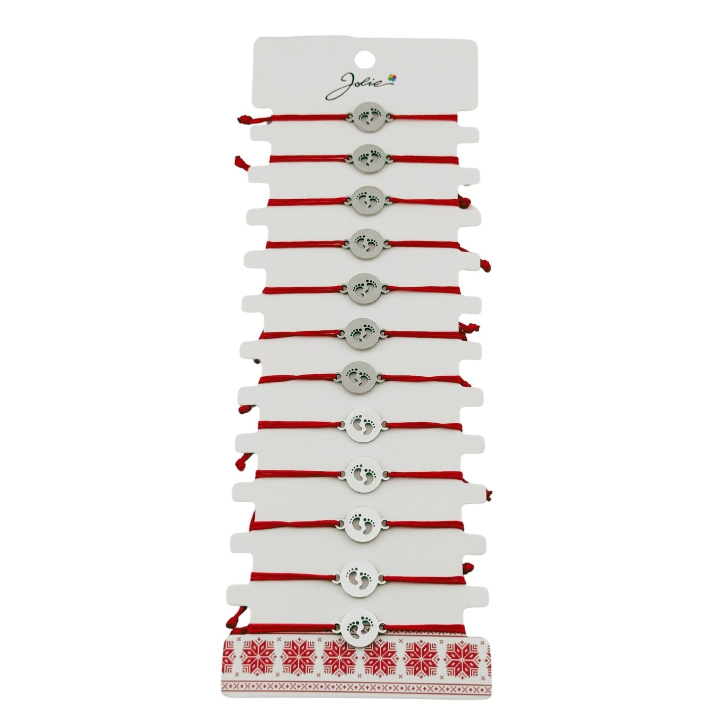 Bratara Martisor pentru Dama, Jolie, Model Talpi in Cerc, Set 12 bucati, Pandativ Argintiu din Inox cu Snur Rosu Ajustabil