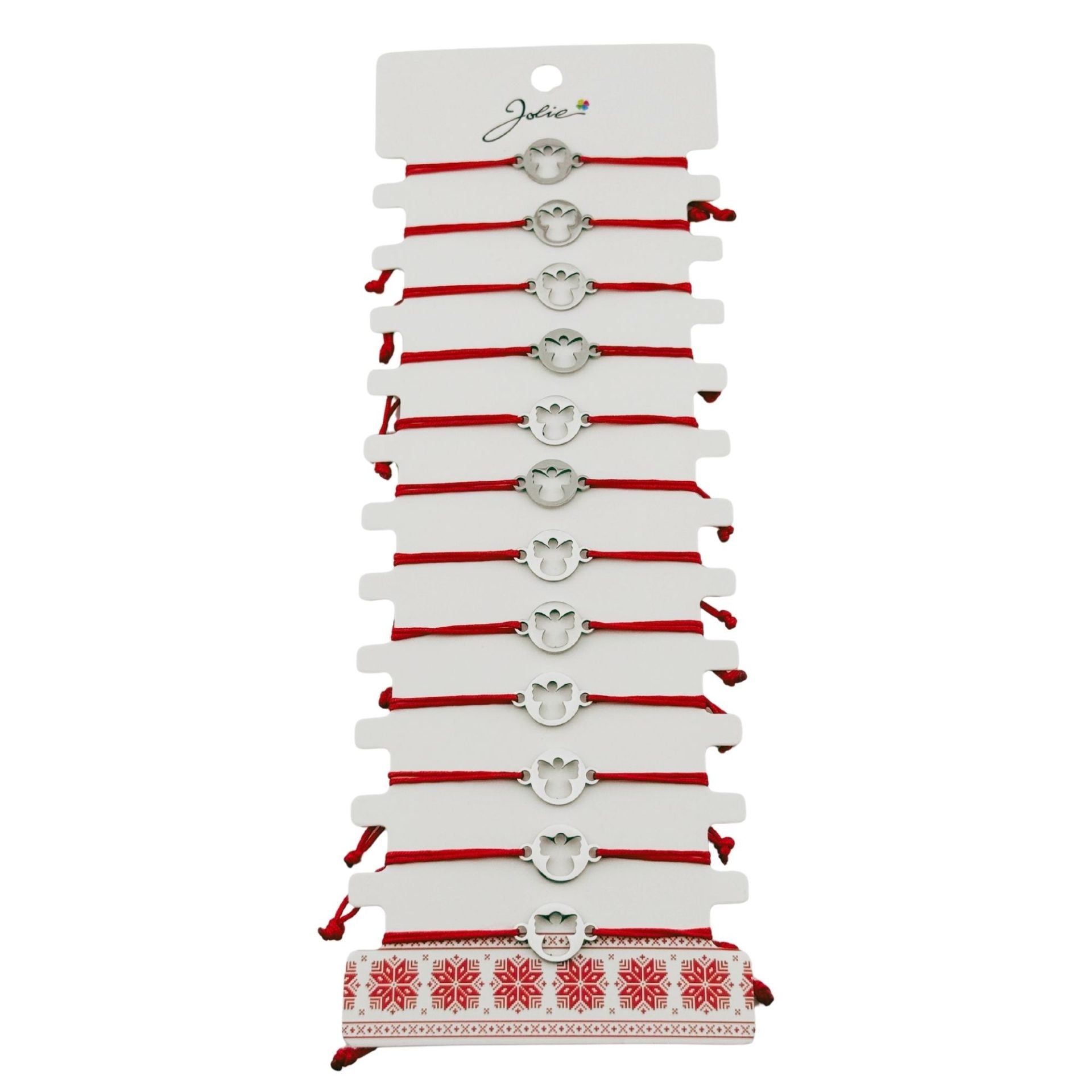 Bratara Martisor pentru Dama, Jolie, Model Inger in Cerc, Set 12 bucati, Pandativ Argintiu din Inox cu Snur Rosu Ajustabil