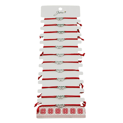 Bratara Martisor pentru Dama, Jolie, Model Doua Inimi, Set 12 bucati, Pandativ Argintiu din Inox cu Snur Rosu Ajustabil