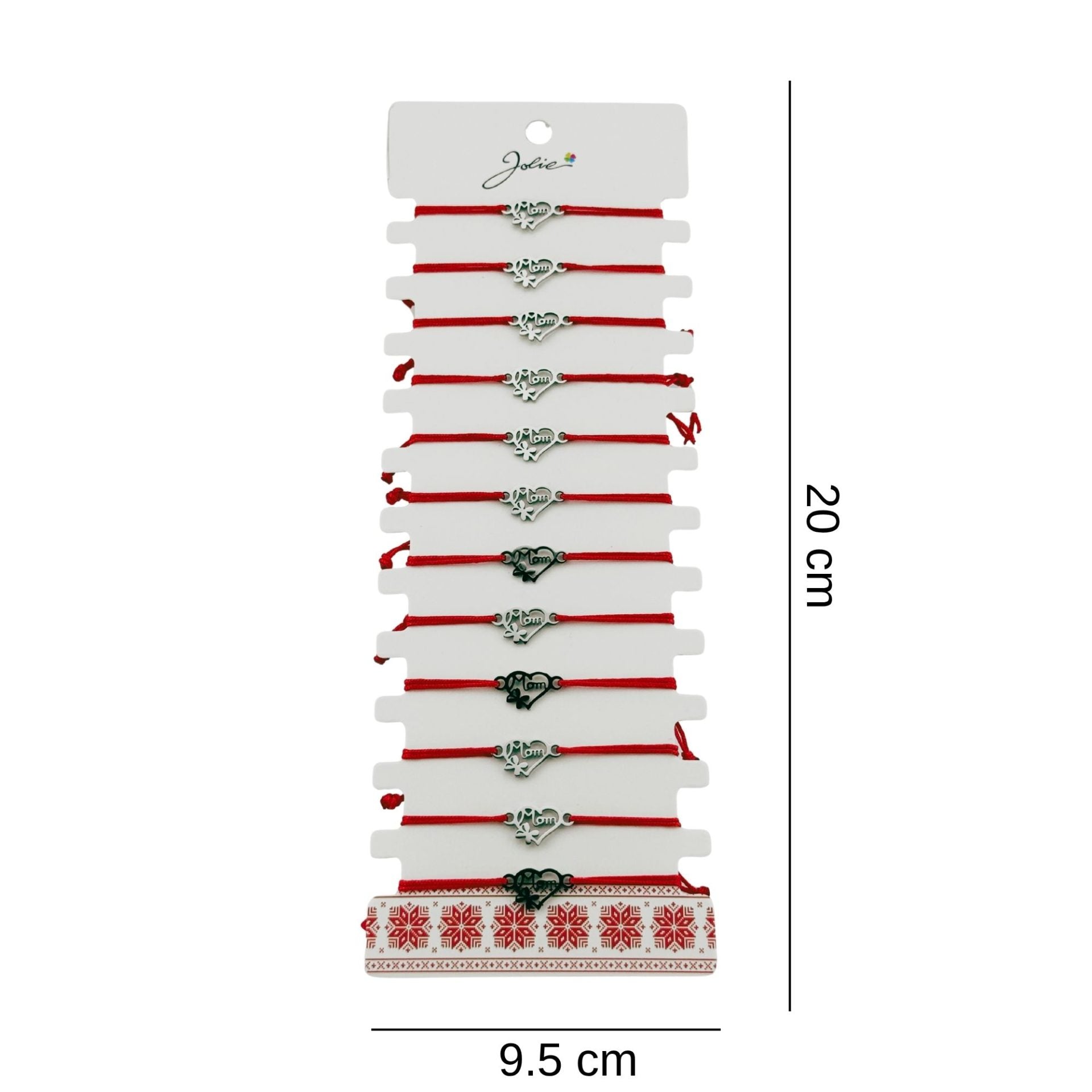 Bratara Martisor pentru Dama, Jolie, Model Inima cu Fluture, Set 12 bucati, Pandativ Argintiu din Inox cu Snur Rosu Ajustabil