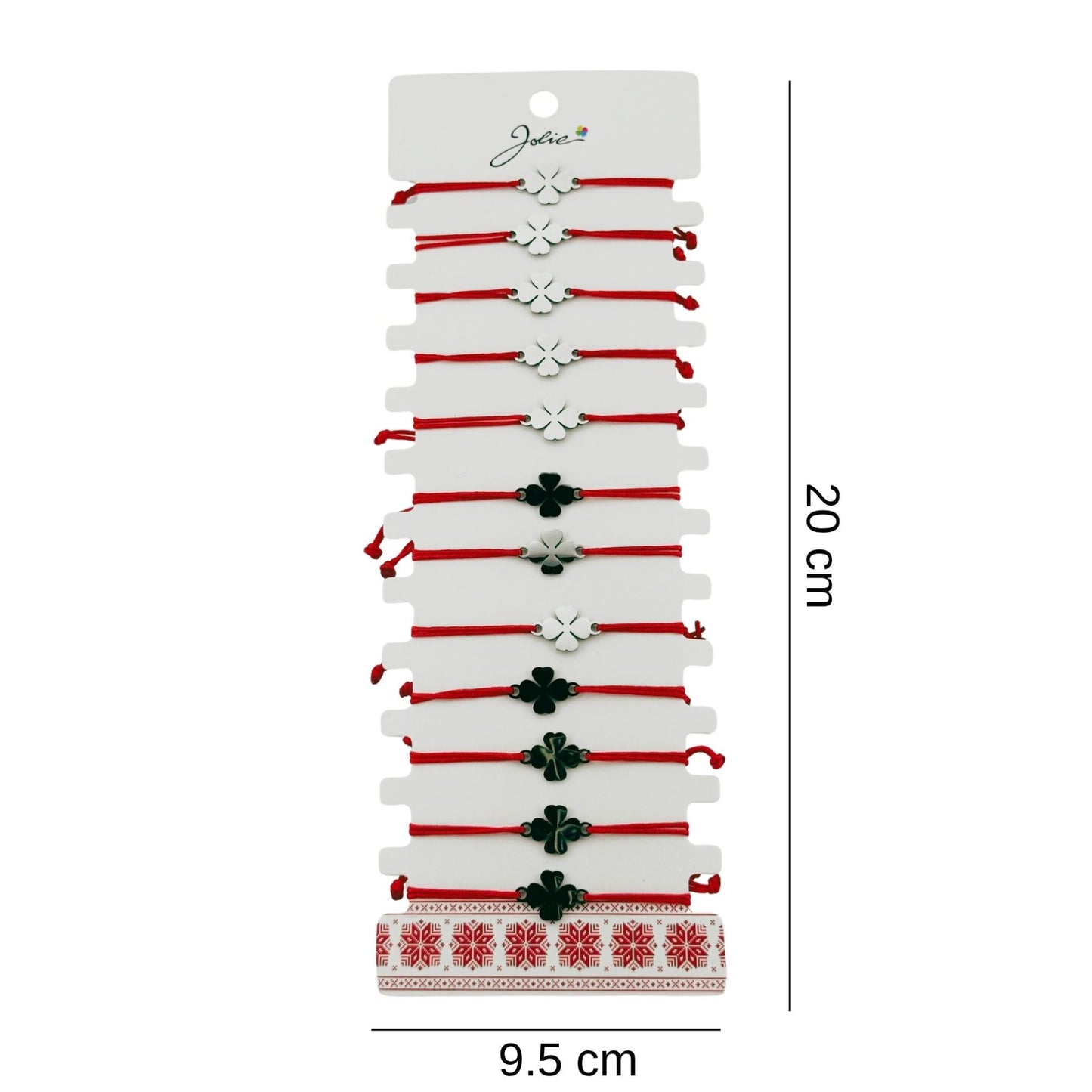 Bratara Martisor pentru Dama, Jolie, Model Trifoi cu 4 Foi, Set 12 bucati, Pandativ Argintiu din Inox cu Snur Rosu Ajustabil