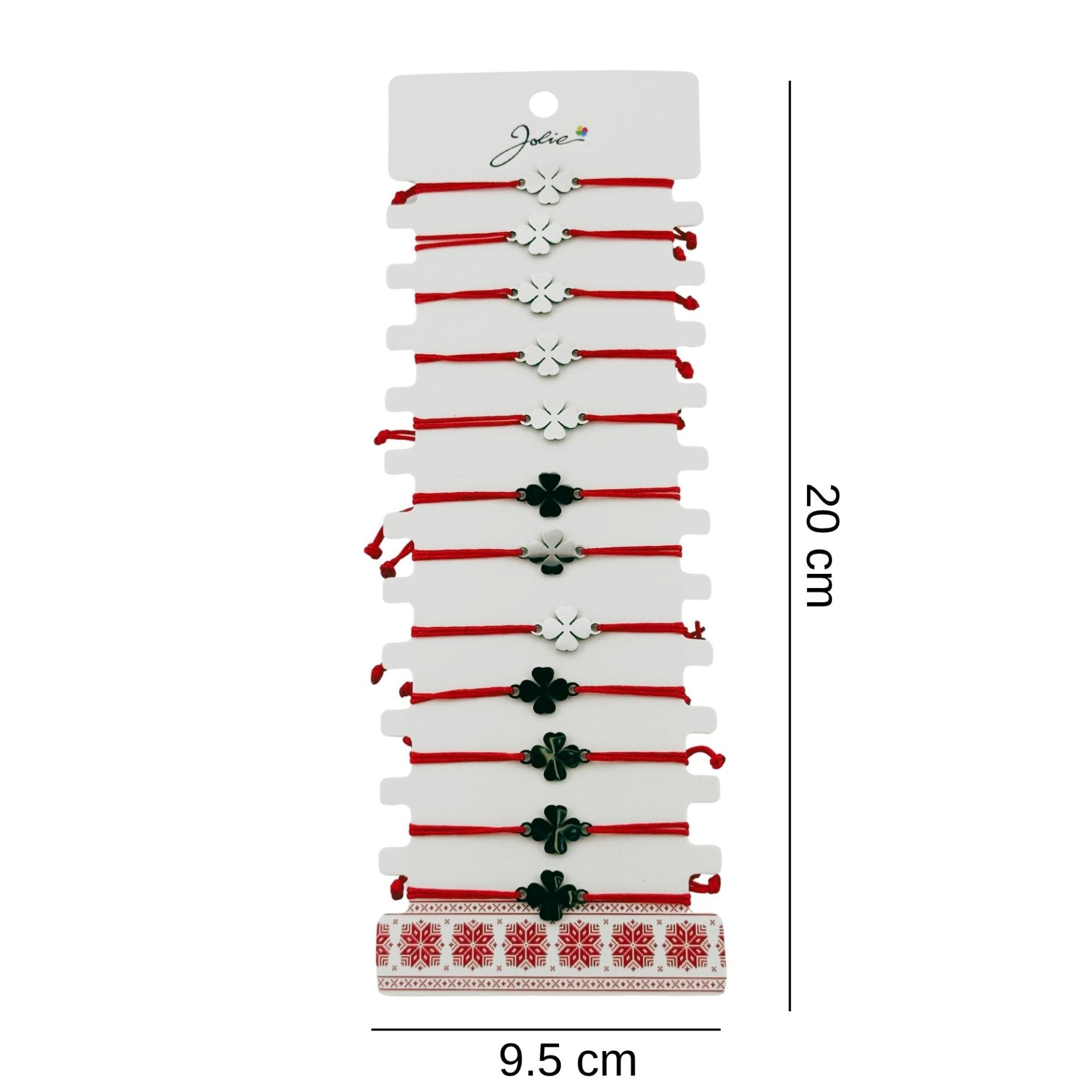 Bratara Martisor pentru Dama, Jolie, Model Trifoi cu 4 Foi, Set 12 bucati, Pandativ Argintiu din Inox cu Snur Rosu Ajustabil