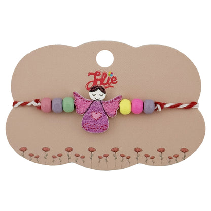 Bratara Martisor pentru Copii, Jolie, Pandativ Ingeras, cu Margele Multicolore, Snur Alb/Rosu, Mov/Multicolor