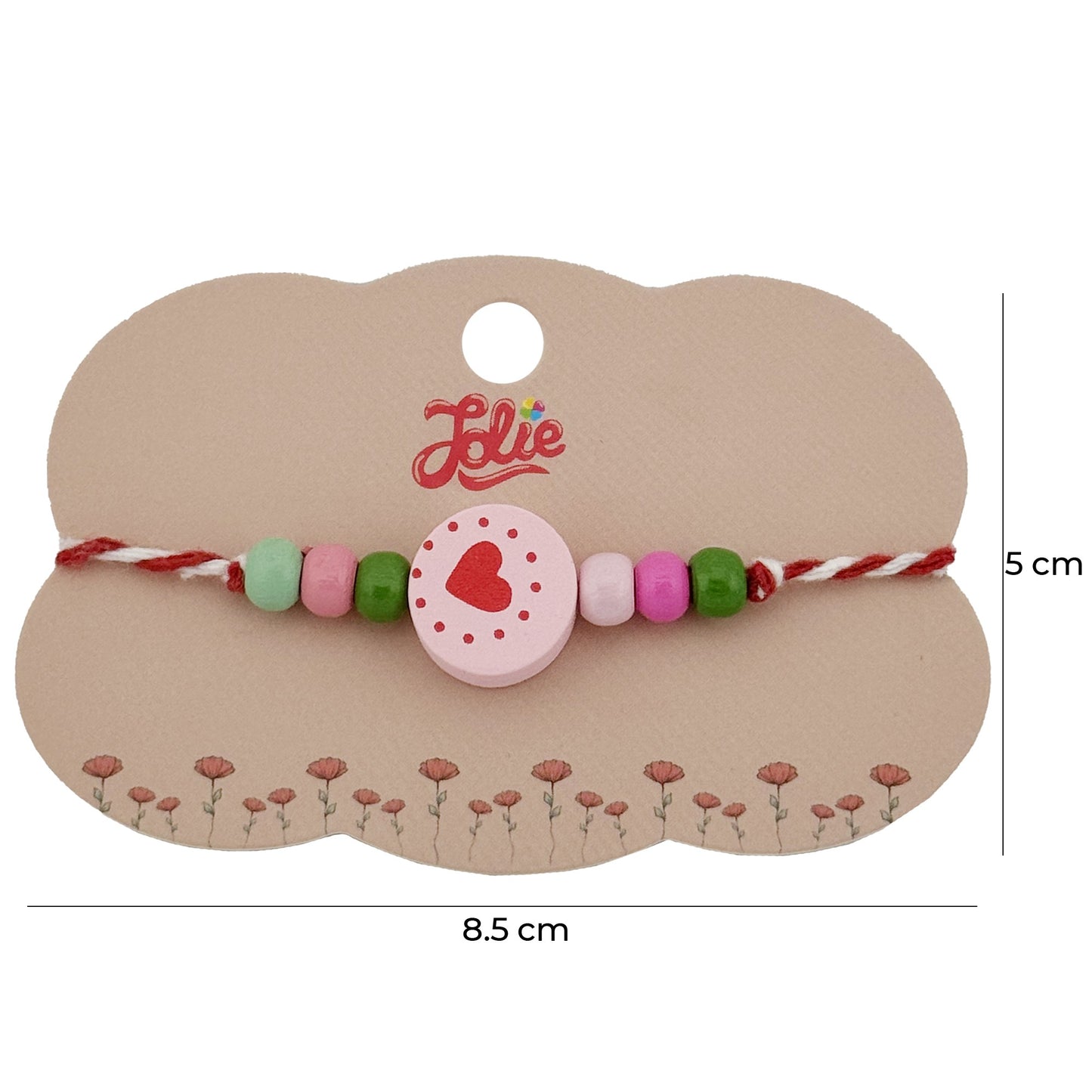 Bratara Martisor pentru Copii, Jolie, Pandativ Rotund Inima, cu Margele Multicolore, Snur Alb/Rosu, Roz deschis