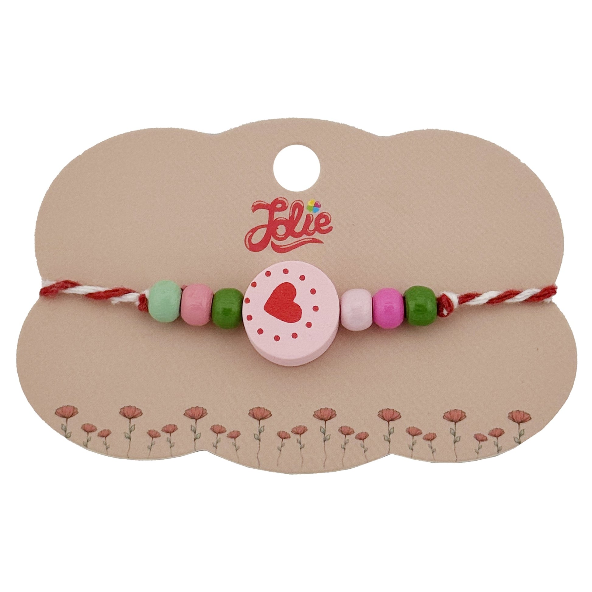 Bratara Martisor pentru Copii, Jolie, Pandativ Rotund Inima, cu Margele Multicolore, Snur Alb/Rosu, Roz deschis