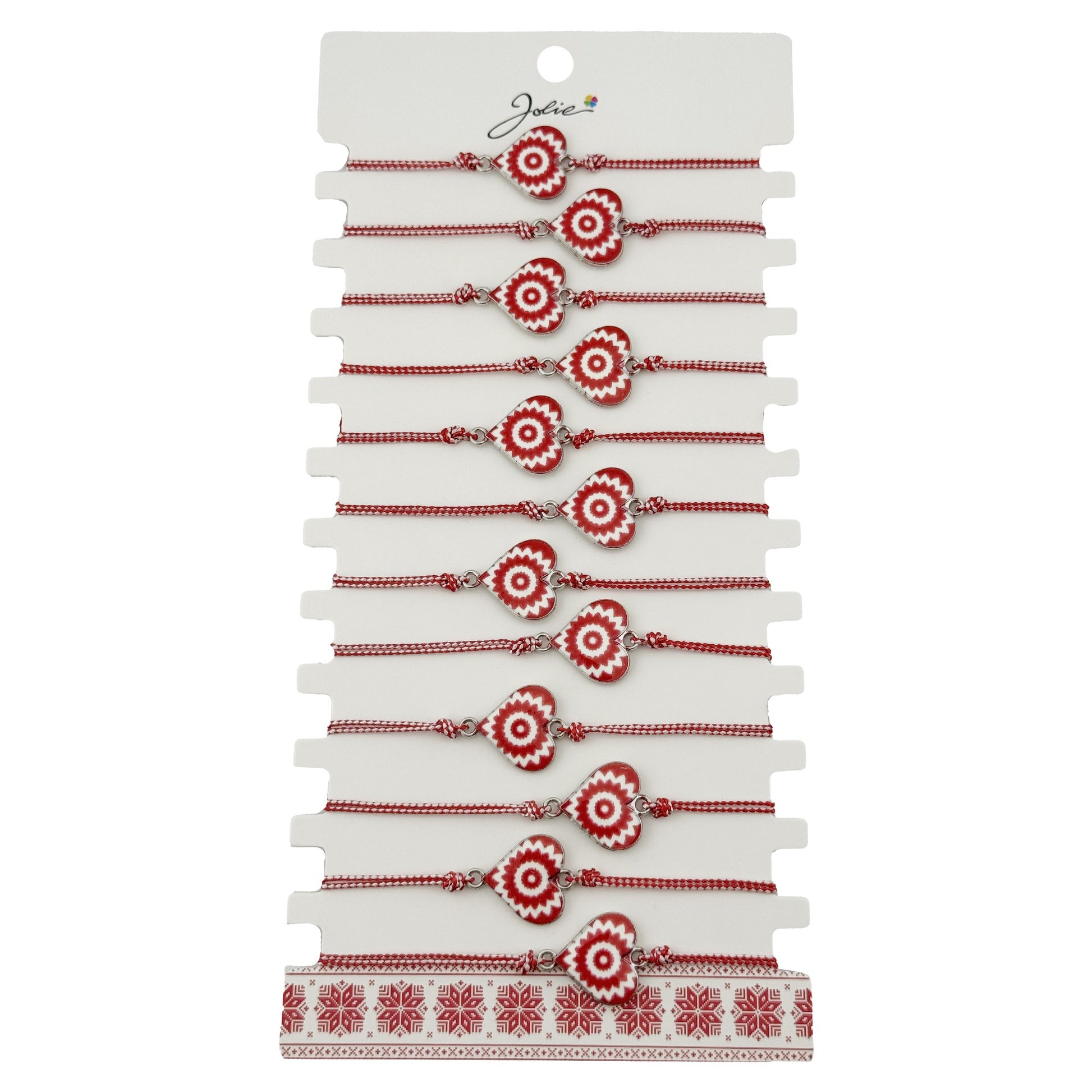 Bratara Martisor pentru Dama, Jolie, Model Inima, Set 12 bucati, Pandativ din Aliaj cu Print Traditional, Snur Ajustabil Impletit, Alb/Rosu